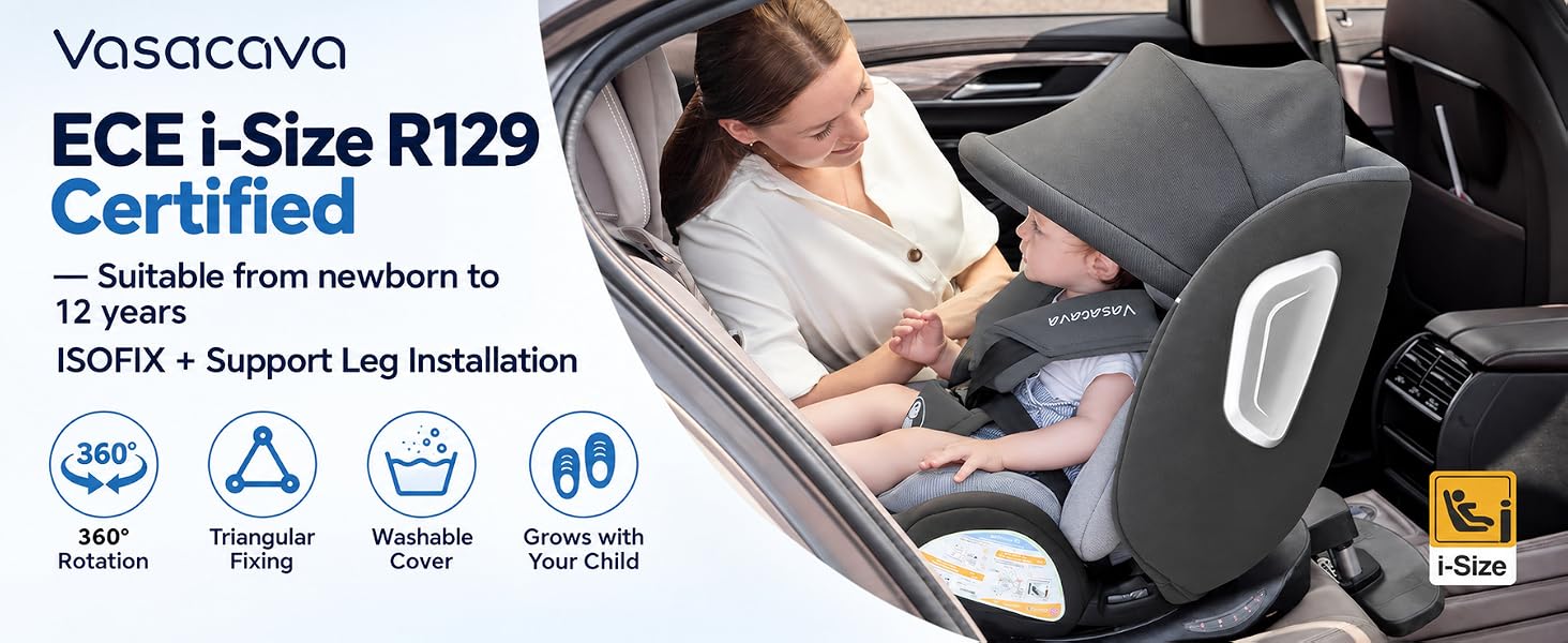 Text reads 'Vosocovo ECE i-Size R129 Certified – Suitable from newborn to 12 years, ISOFIX + Support Leg Installation' with icons for Rotation, Reclining, Covers, and Your Child. Car seat with certification badge, showing installed position and safety features for infants through children.