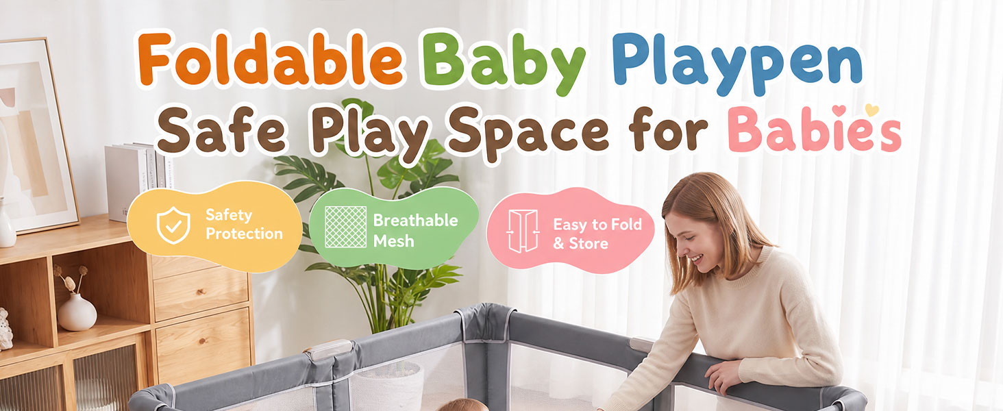 Text reads 'Foldable Baby Playpen' in orange, 'Safe Play Space for Babies' in pink/coral. Portable mesh playpen shown set up indoors with baby inside, featuring colorful panels and foldable design for travel and home use.