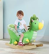 Sequence of images showing a plush rocking horse toy in tan/brown color, positioned in a bright nursery setting with pink decorative elements.