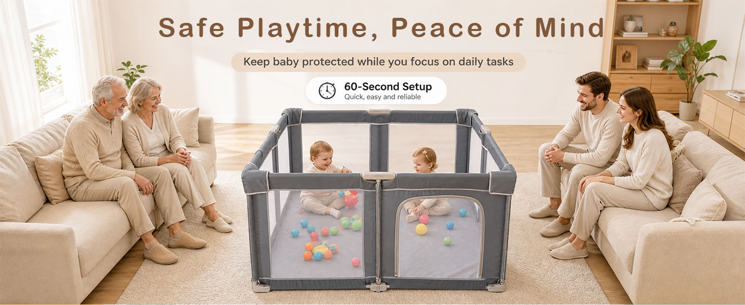 Text reads "Create a Safe Baby Activity Center" with three stages shown: "Exploration", "Crawling", and "Playing". Infant in various play positions within cushioned play enclosure.