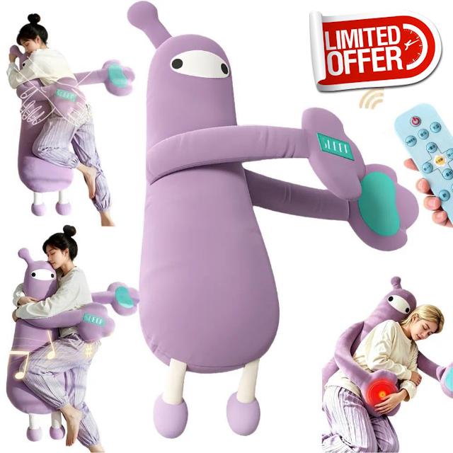 Heated Patting Plush Pillow with Voice Recording for Side Sleepers                                                          Cylindrical purple plush with cartoon monster pattern