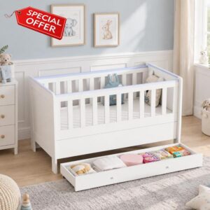BSTSEL 3-in-1 Convertible Baby Cot Bed with 140×66cm Mattress