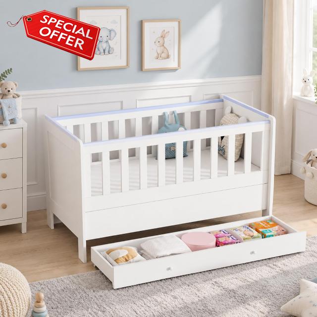 BSTSEL 3-in-1 Convertible Baby Cot Bed with 140×66cm Mattress