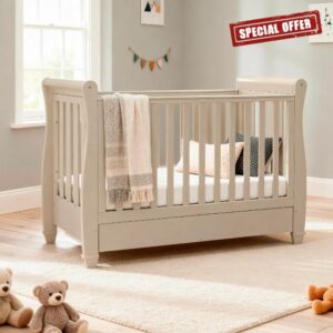 Babymore Eva Sleigh Baby & toddler Cot Bed - Convertible Cot with Drawer                                                          Single Hand Drop Side | 3 Adjustable Base Heights