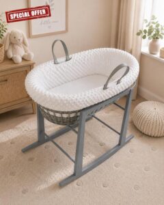 BABYMAM Grey Wicker Moses Basket with Rocking Stand White Dimple Padded Liner Mattress and Fitted Sheet Baby Basket Bedding 5pc Se