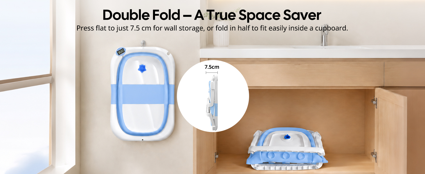 Text reads "Double Fold - A True Space Saver" with measurements "Fold to fit 7.3" or for storage, 0 cm unfold to easy retake a upgrade". Blue and white foldable storage organizer shown folded and unfolded on shelf.