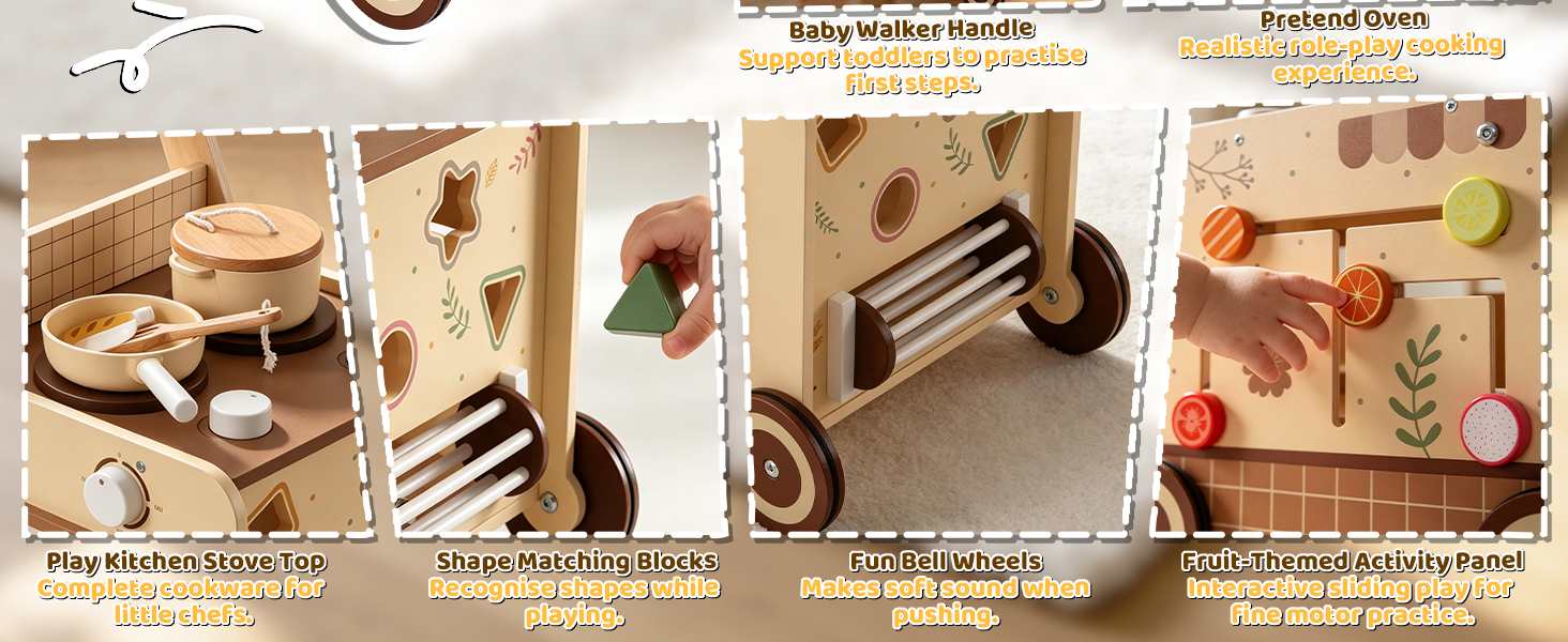 Text reads 'Toddler Cooking Playset Wooden Kitchen.' Wooden play kitchen set with accessories, wheels, and oven door shown from multiple angles on light background.