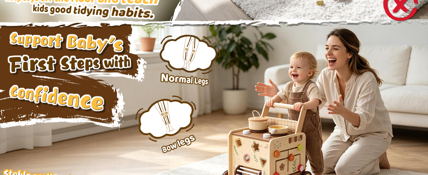 Text reads "Bottle-in Logo" and "Storage Space". Wooden storage cart with wheels contains multiple small colorful containers and items organized inside. Eco-friendly product display emphasizing compact storage functionality.