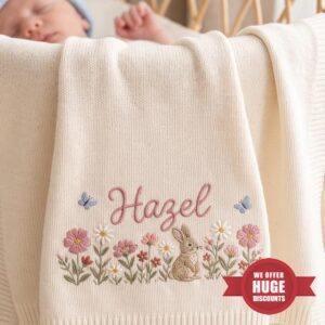 Personalized Baby Blanket with Name for Girls - Custom Embroidered Bunny