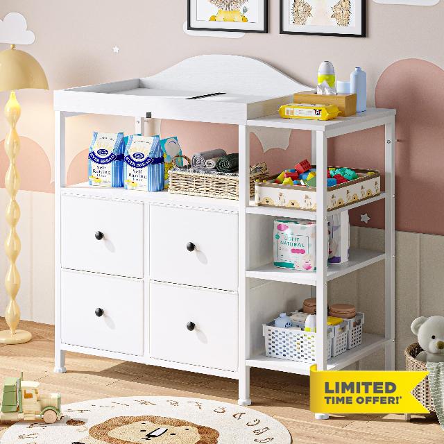 Feonase Changing Table with 4 Fabric Drawers White 113 x 50 x 95 cm