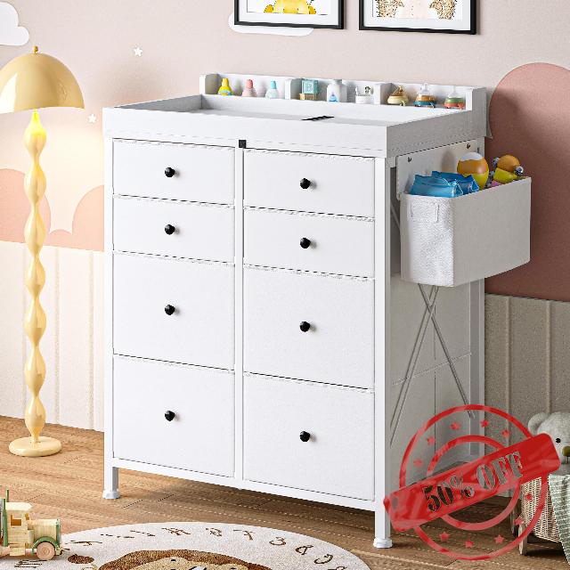 Feonase Changing Table with 8 Fabric Drawers White 80 x 50 x 95 cm