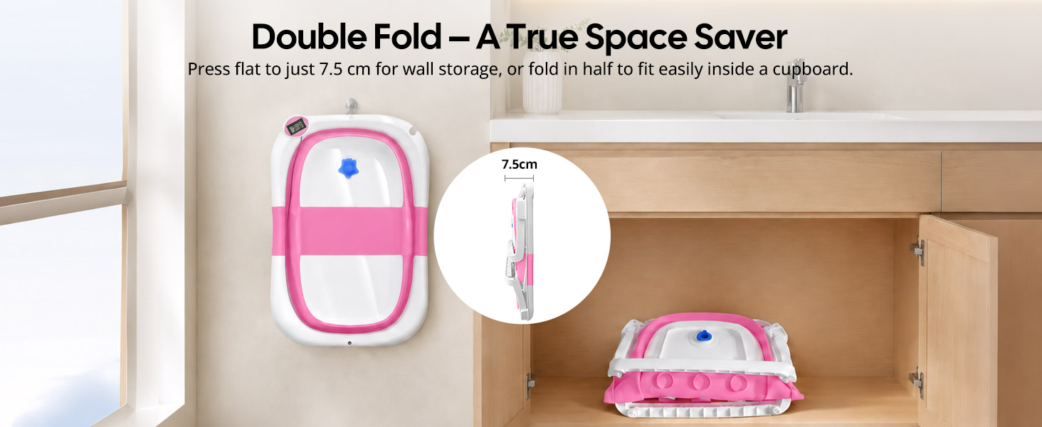 Text reads "Double Fold – A True Space Saver This bag folds at just 7.5" so wall storage is one-third of a heavy-weight suitcase.". Pink compact folding bag displayed flat and in circular detail view, demonstrating space-saving storage capability.