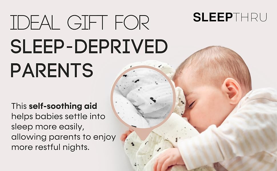 Advertisement for a self-soothing aid for babies, showing an infant sleeping peacefully with a plush toy.