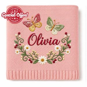 Personalized Baby Blanket with Name for Girls - Custom Embroidered Butterfly & Floral Wreath Name Blanket