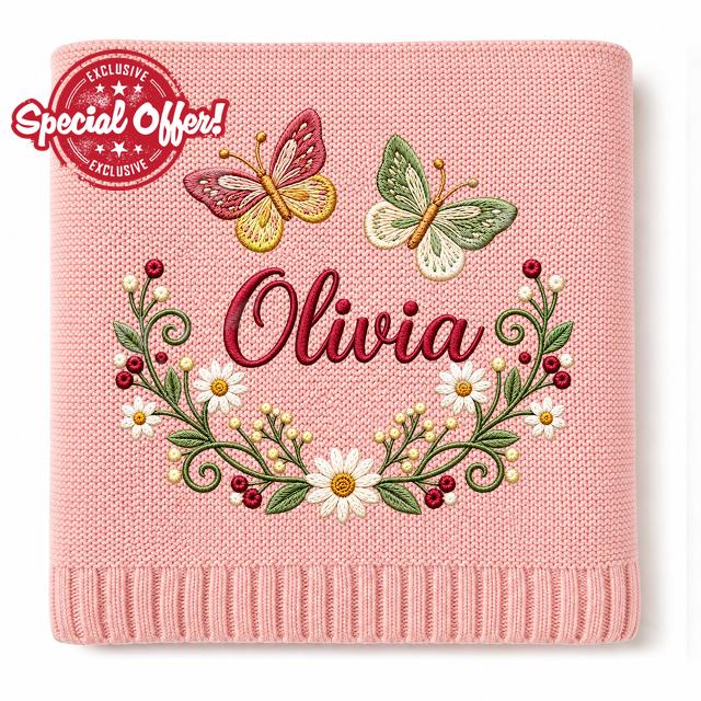 Personalized Baby Blanket with Name for Girls - Custom Embroidered Butterfly & Floral Wreath Name Blanket