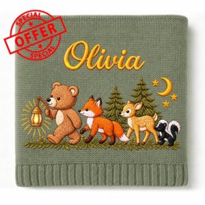 Personalized Baby Blanket with Name - Custom Embroidered Woodland Forest Animals Name Blanket