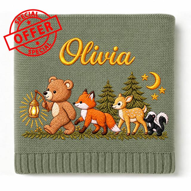 Personalized Baby Blanket with Name - Custom Embroidered Woodland Forest Animals Name Blanket