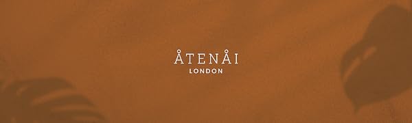 Text reads 'ATENAI LONDON' displayed on a rich brown background with elegant minimalist styling.