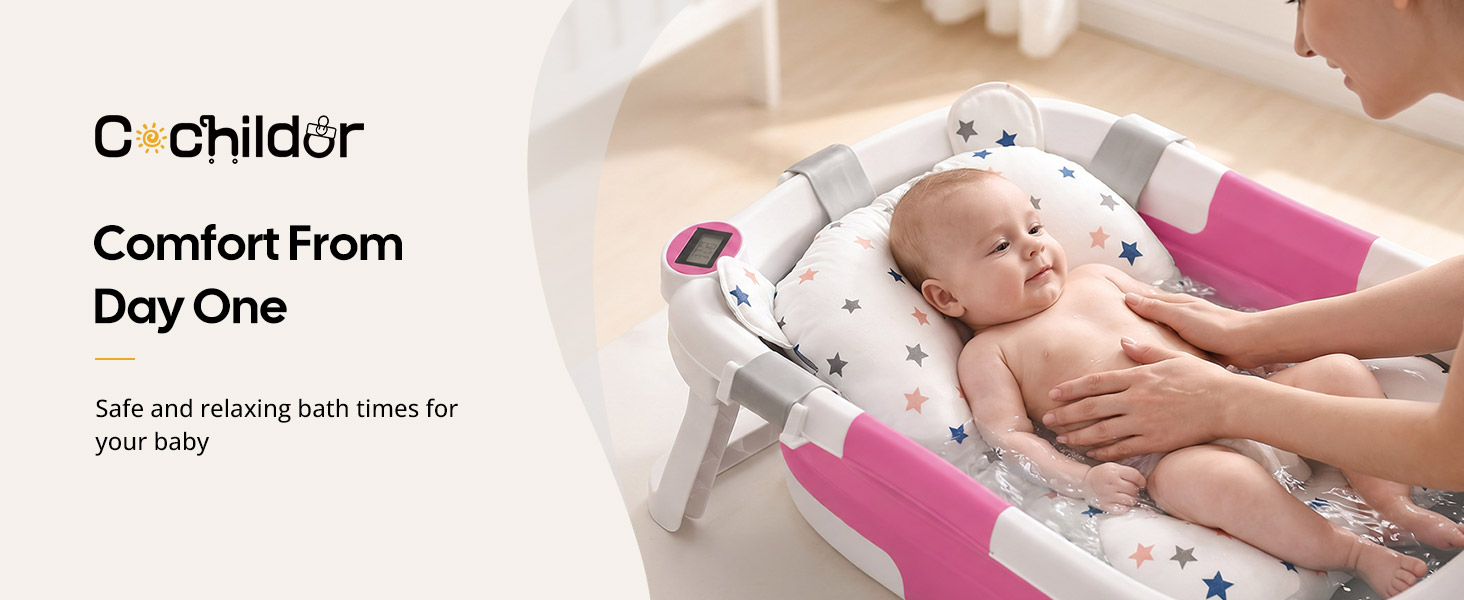 Text reads 'Childor' and 'Comfort From Day One'. Newborn baby swaddled in pink and white bedding, product comfort advertisement.