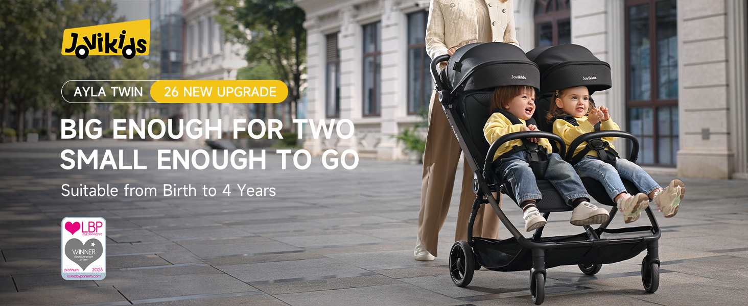 Text reads 'Joyfride' 'BIG ENOUGH FOR TWIN KIDS AND TODDLERS' 'Click from birth to 4 Years'. Black double stroller/pram with two children.
