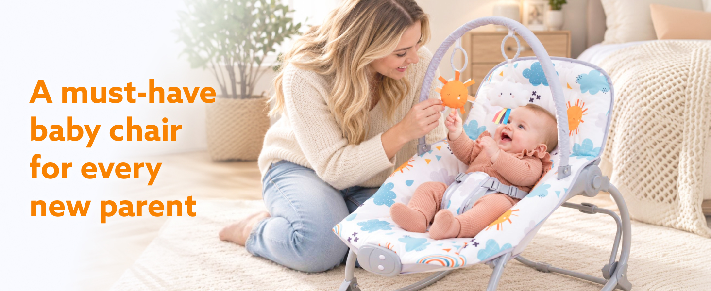 Text reads 'A must-have baby chair for every new parent'. Woman sitting with infant in blue and white portable baby bouncer seat in living room setting.