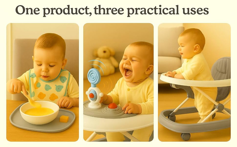 Text reads 'Motor Skills & Sounds', 'Easy Meals & Playtime', 'Breathable Comfort', '4 Adjustable Height Levels', 'Stimulates your baby's motor skills', 'Detachable tray for easy cleanup', 'Breathable cushion for long-lasting comfort', 'Belfoyer'. Product features icons in yellow and gray.