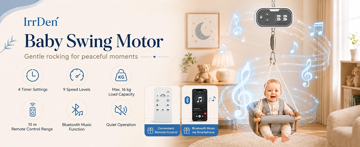Text reads 'InBest Baby Swing Motor'. Product features icons showing functions: timer, music, swing modes, remote control. Baby swing motor displayed in nursery setting with remote control device.