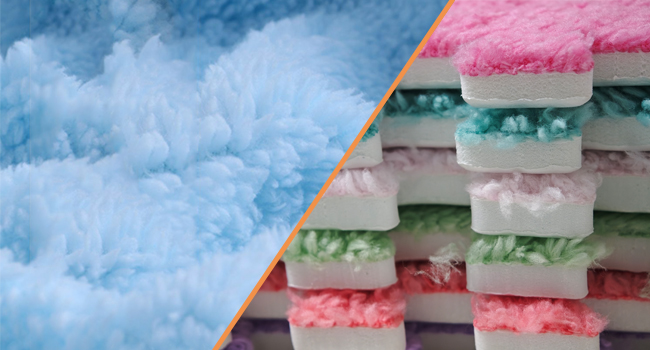 Split image showing blue ice crystals on left and stacked colorful soap bars with green, pink, and white layers on right.