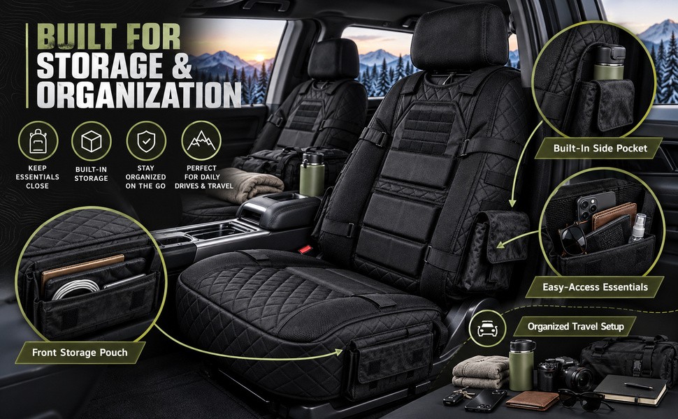 Text reads 'COMPLETE PROTECTION' with car seat cover product details highlighting 'FULL SEAT PROTECTION,' 'CUSHIONING TECHNOLOGY,' 'BREATHABLE MATERIAL,' and 'UTILITY POCKETS' against automotive background.