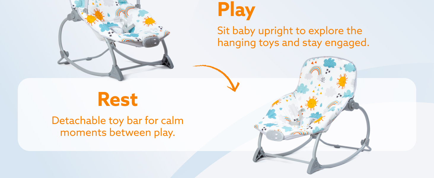 Text reads 'Play' with orange text below describing product features and functions for infant care equipment against light blue background.