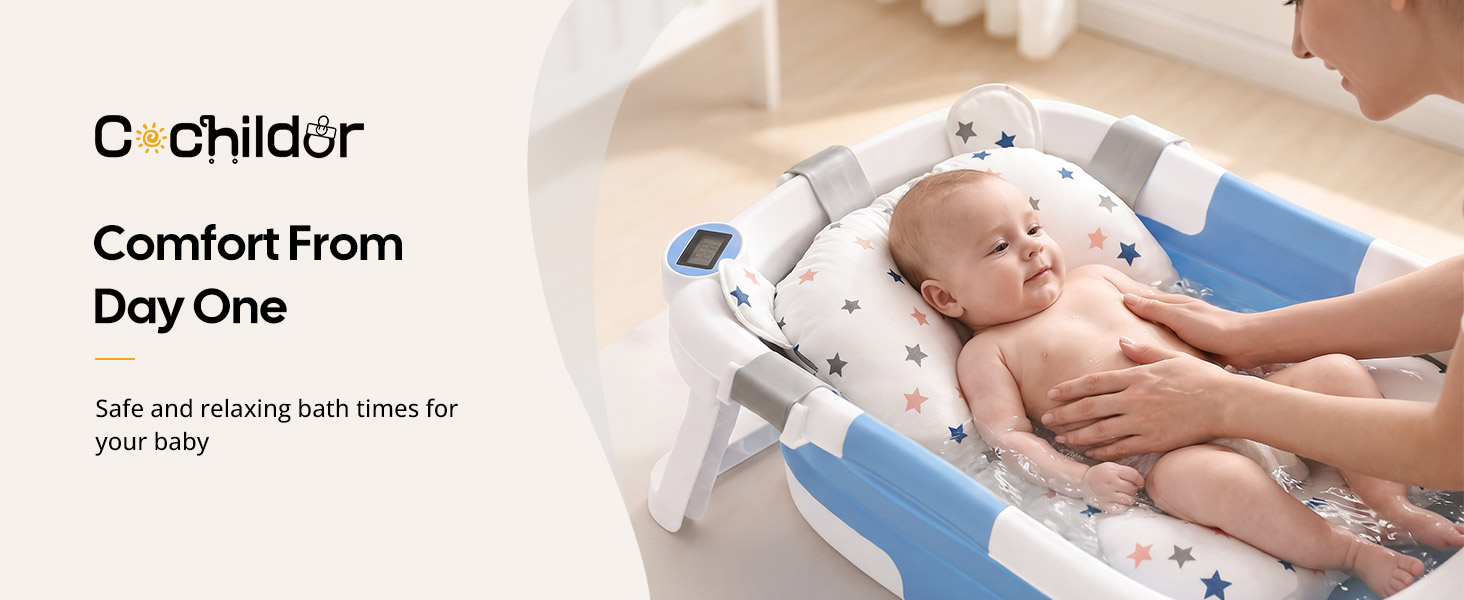 Text reads 'Childrr', 'Comfort From Day One', 'Safe and relaxing bath times for your baby'. White infant bathing tub with blue support cushions, demonstrating baby bathing product.