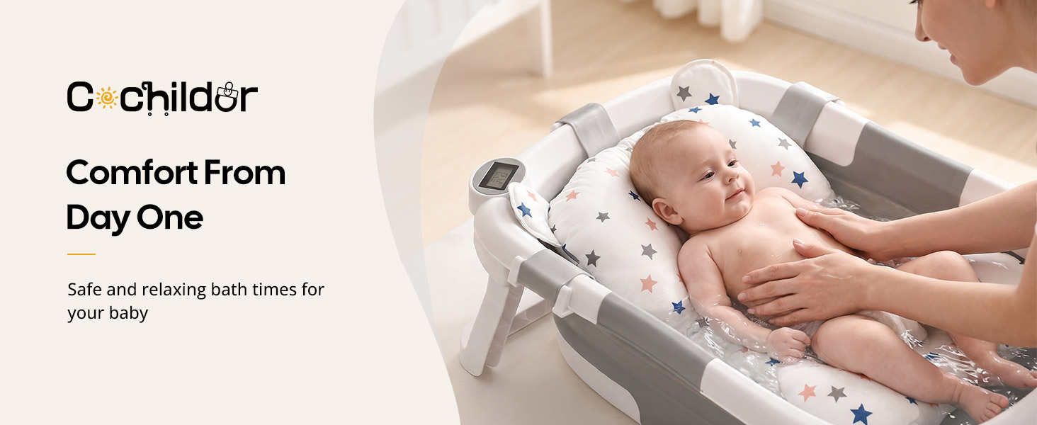 Text reads 'O Childor', 'Comfortable', 'Day One'. Infant sleeping in white bedding with product packaging shown.