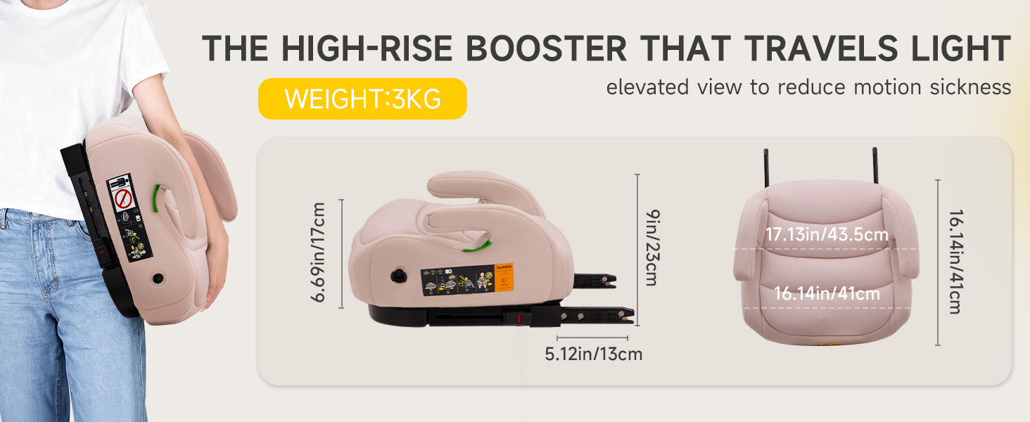 Text reads 'THE HIGH-RISE BOOSTER THAT TRAVELS LIGHT', 'Weight 1340g', 'slouched view to restore position address'. Pink lightweight booster seat shown with carry handle, dimensions marked, and portability features displayed for travel use.