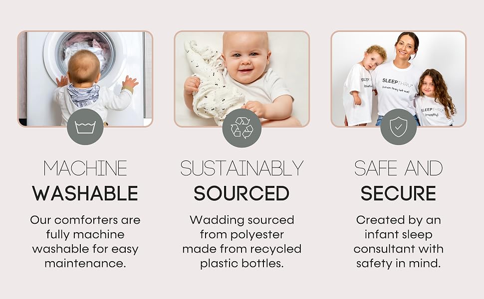Infant comforter product featuring muslin material, designed by sleep consultant. Soft, plush-like texture with transferable mum's scent, alternative to loose blankets.